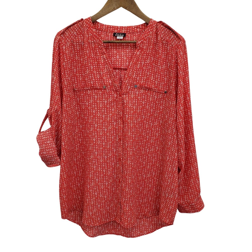 Simply Emma Womens Blouse Top Plus Size 1X Button Up Roll Tab Sleeve Red V-Neck